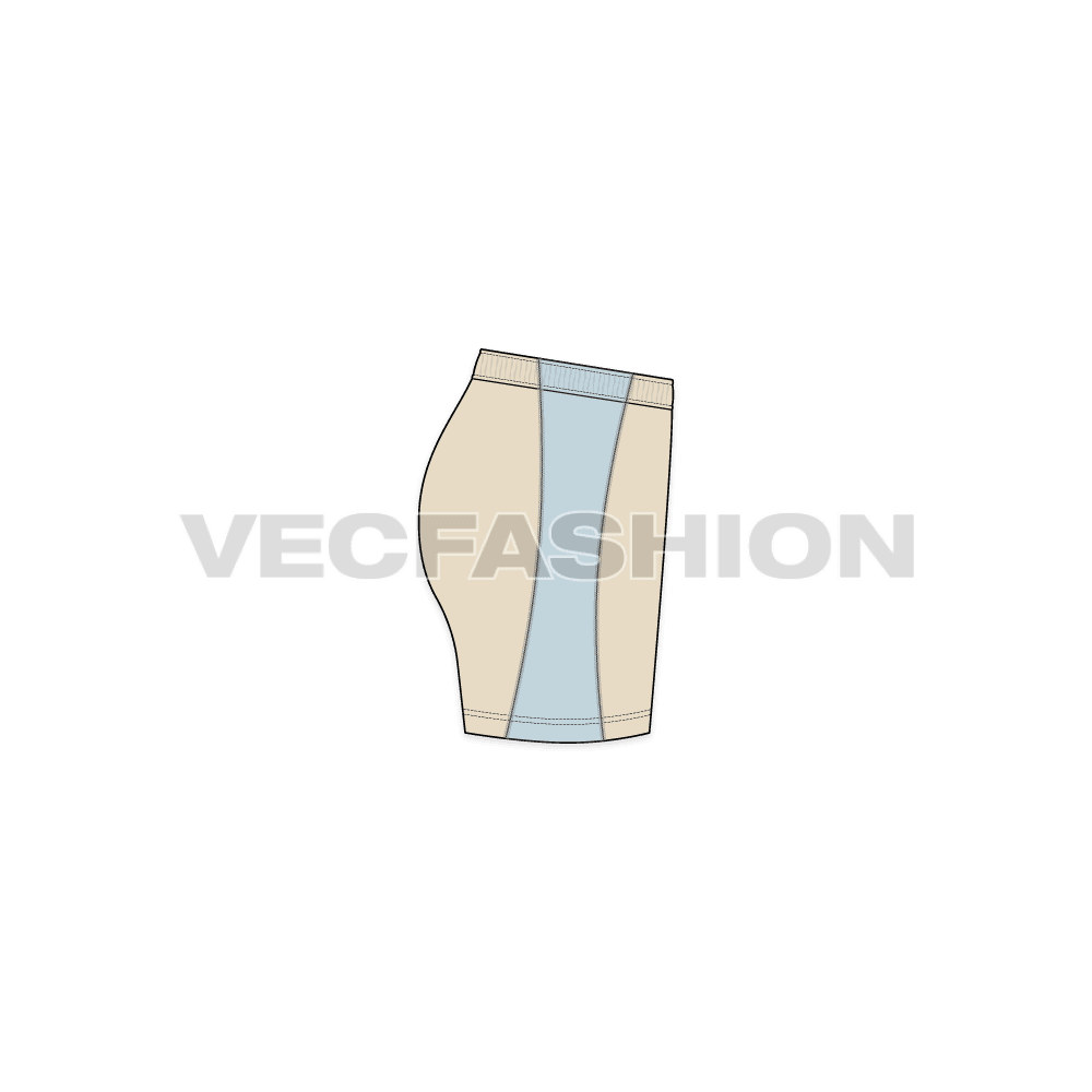 A vector fashion sketch template of Women's Lycra Shorts. It is a simple sketch with a very nice fitting great for general purposes can also be used for underwear. It has flat lock stitching on sides and have a sleek waistband. 