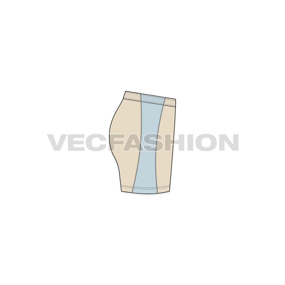 A vector fashion sketch template of Women's Lycra Shorts. It is a simple sketch with a very nice fitting great for general purposes can also be used for underwear. It has flat lock stitching on sides and have a sleek waistband.