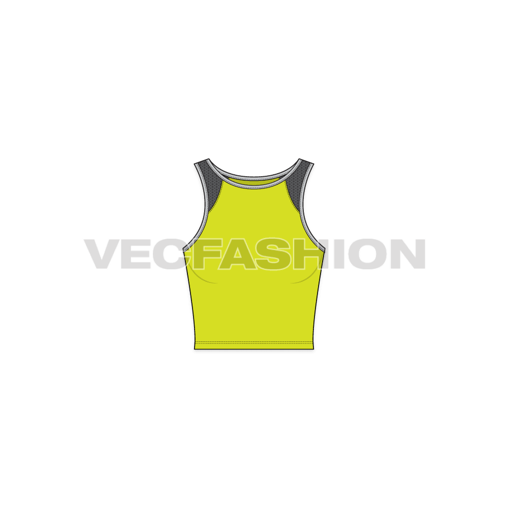 A highly in demand style for Women's Lycra Sport Top. It is rendered in three sporty colours and illustrated with all tech details. It has stretch binding on the edges and mesh inter piece near shoulders.