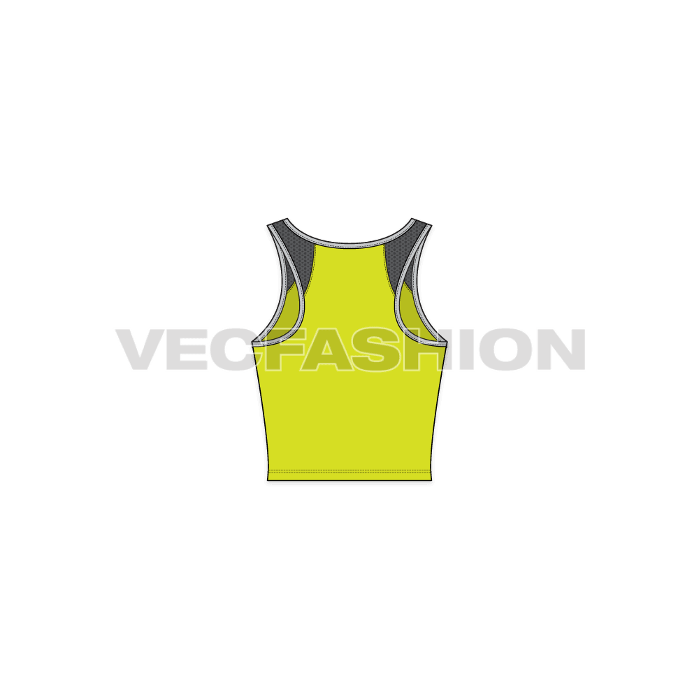 A highly in demand style for Women's Lycra Sport Top. It is rendered in three sporty colours and illustrated with all tech details. It has stretch binding on the edges and mesh inter piece near shoulders.