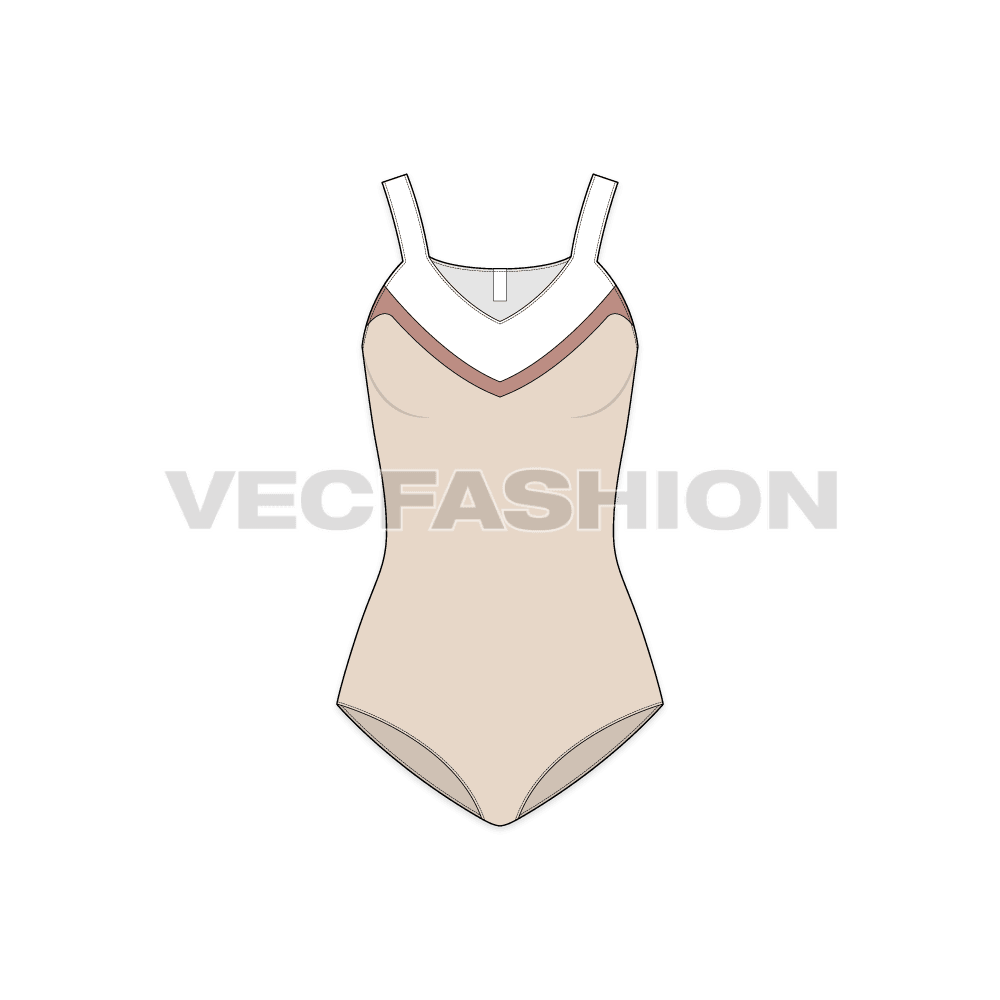 A vector template for Women's Lycra Swimsuit. It has contrast colors on the top part of the swimsuit. A v neck shape with a slight curve with wider shoulder straps.