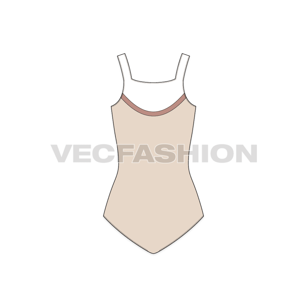 A vector template for Women's Lycra Swimsuit. It has contrast colors on the top part of the swimsuit. A v neck shape with a slight curve with wider shoulder straps.