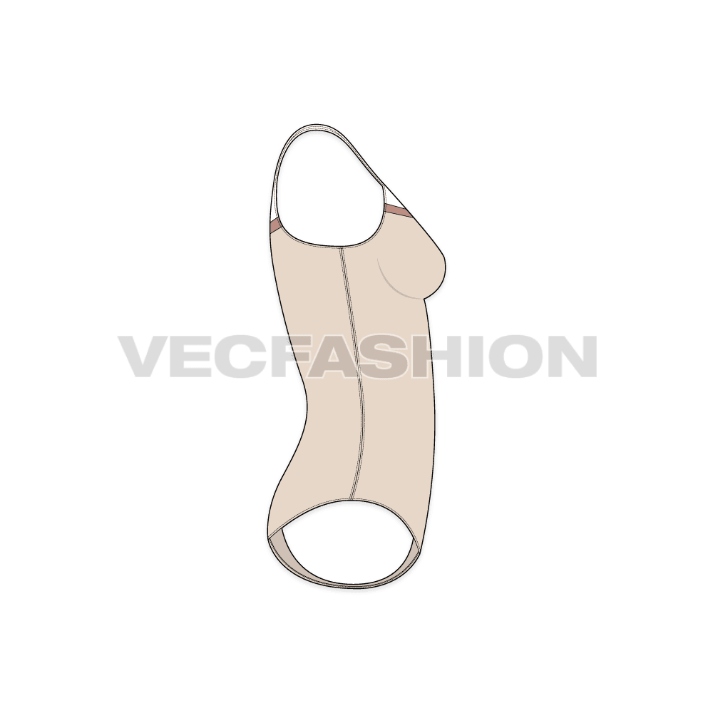 A vector template for Women's Lycra Swimsuit. It has contrast colors on the top part of the swimsuit. A v neck shape with a slight curve with wider shoulder straps.