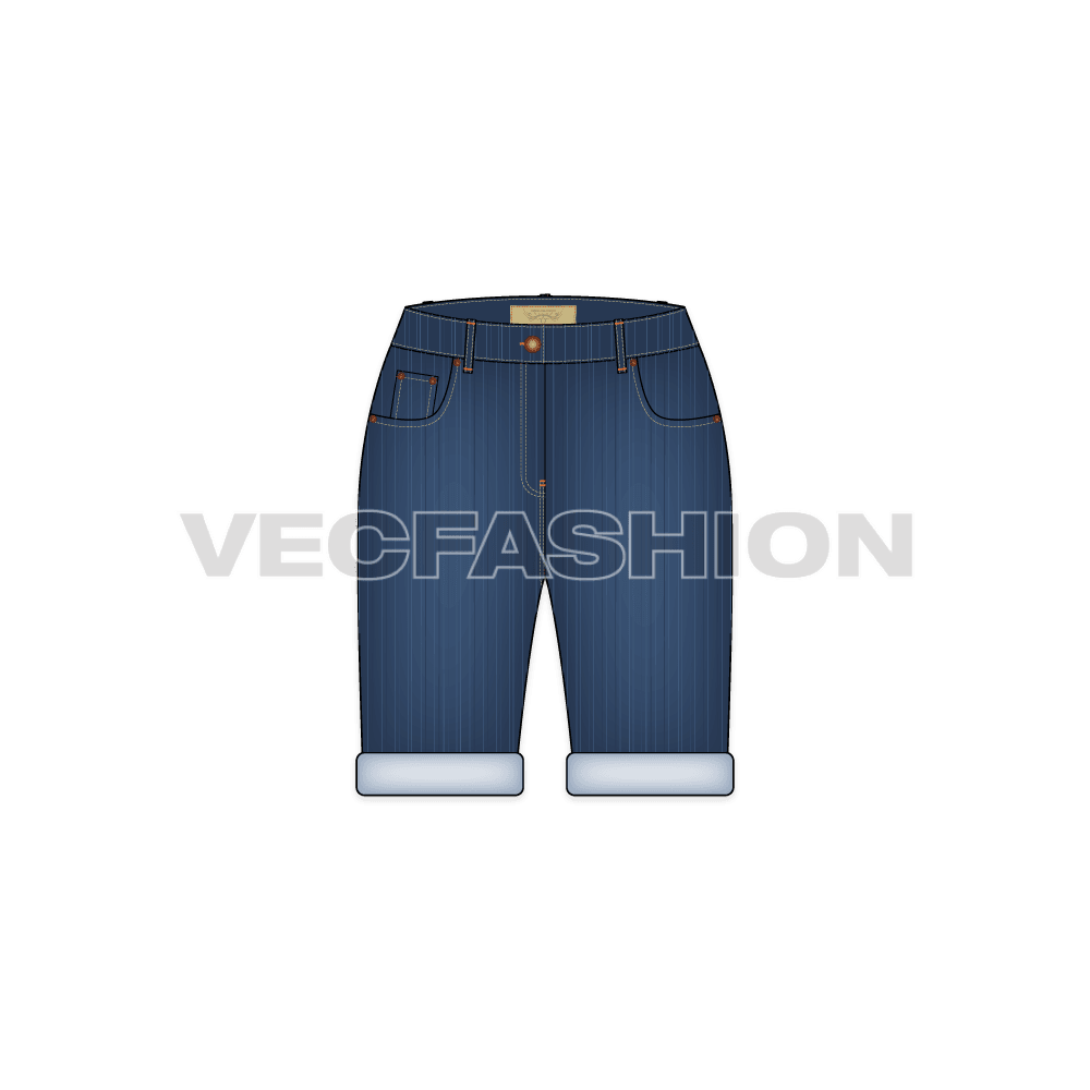 A medium washed vector template for Women's Denim Shorts. This template includes Metal Shank on waist band, Metal Rivets,  PU Label, Back Pocket PU Label, Belt Loops with Bar Tack Stitch and Double Needle Stitch on all over garment.