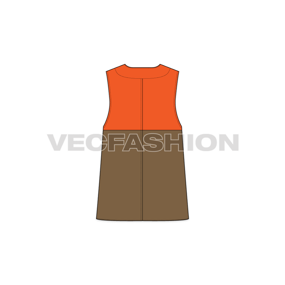 A vector template for Women's Military Vest. It has a contrast orange colored top side with dark khaki color lower part with big pouch pockets on sides.