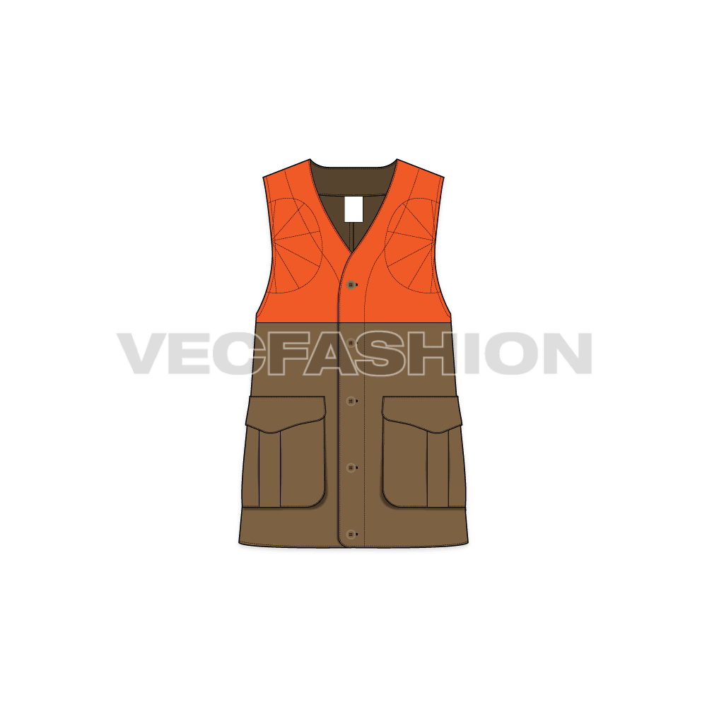 A vector template for Women's Military Vest. It has a contrast orange colored top side with dark khaki color lower part with big pouch pockets on sides.
