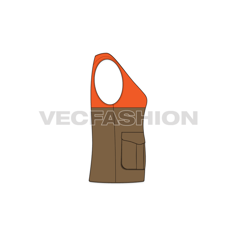 A vector template for Women's Military Vest. It has a contrast orange colored top side with dark khaki color lower part with big pouch pockets on sides.