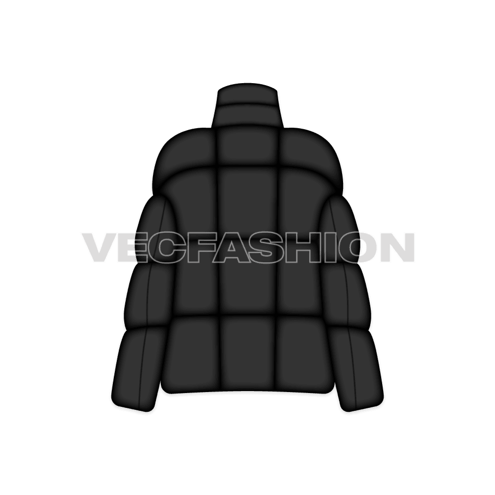 A vector template for Women's Mock Neck Bubble Jacket. It has longer standing mock neck to cover the neck and have thick insulation in each panel.