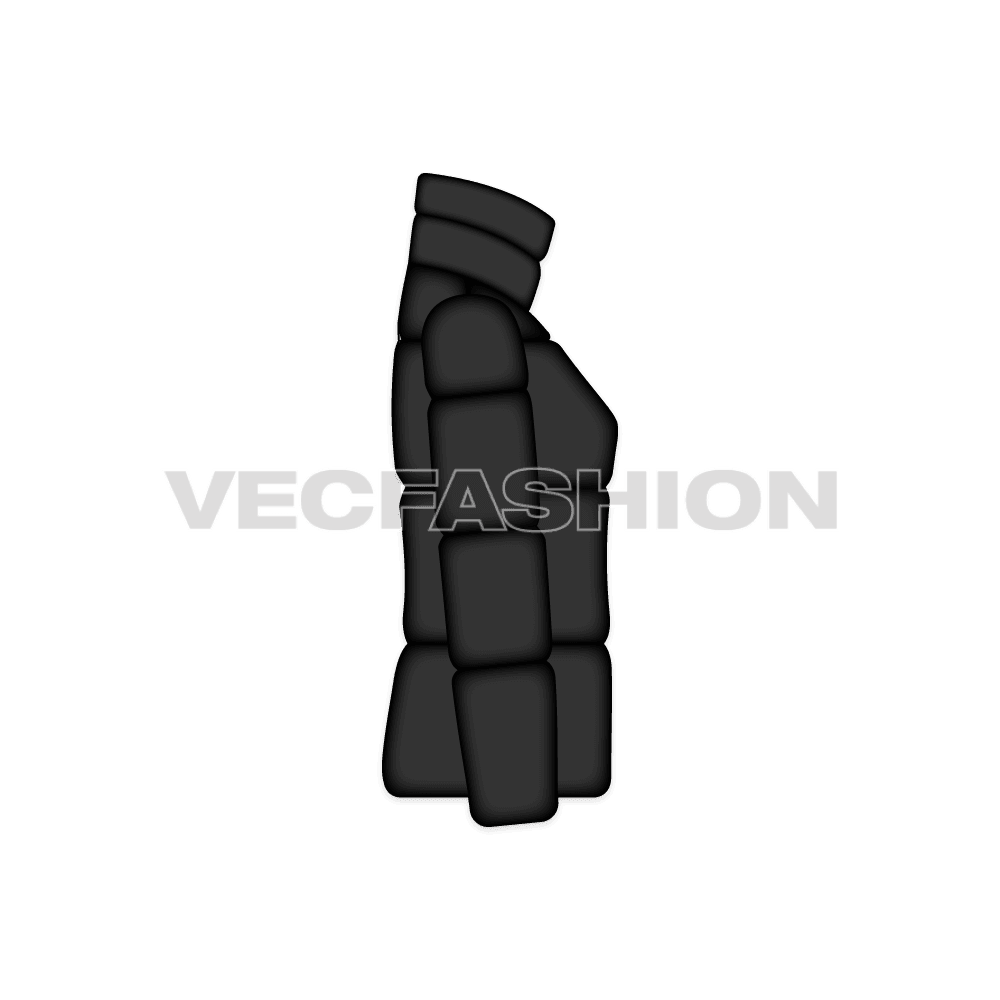 A vector template for Women's Mock Neck Bubble Jacket. It has longer standing mock neck to cover the neck and have thick insulation in each panel.