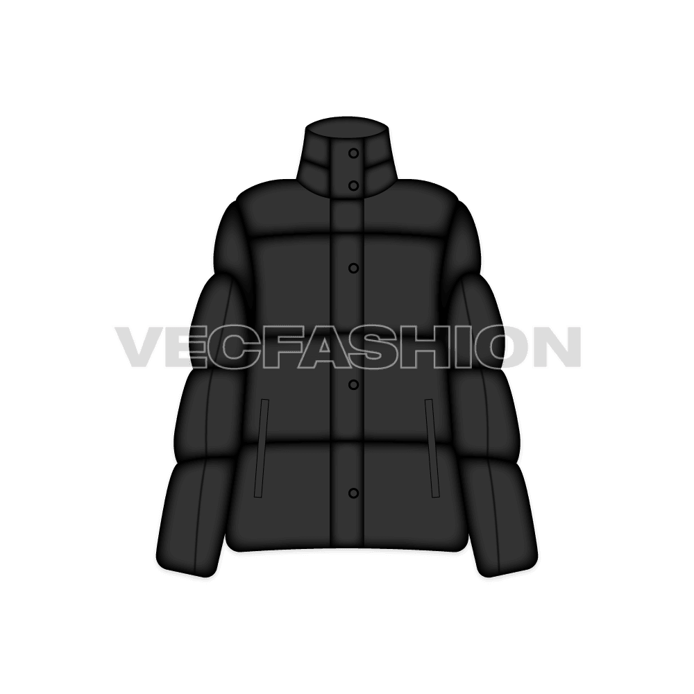A vector template for Women's Mock Neck Bubble Jacket. It has longer standing mock neck to cover the neck and have thick insulation in each panel.