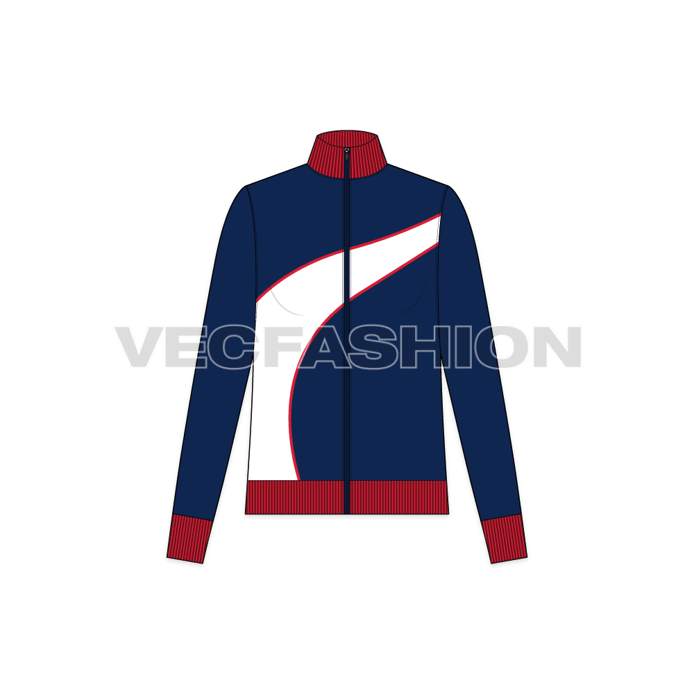 A vector illustrator template of Women's Mock Neck Jacket. It has a wave like panel on front with printing on it. The collar is in contrast red color with thick rib.