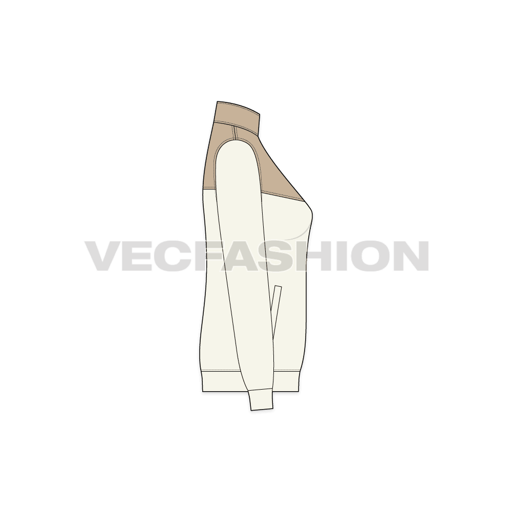 A vector illustrator template of Womens Mock Neck Jacket. It is a very sleek look with slim fit body and collar and front zipper is in contrast colors.