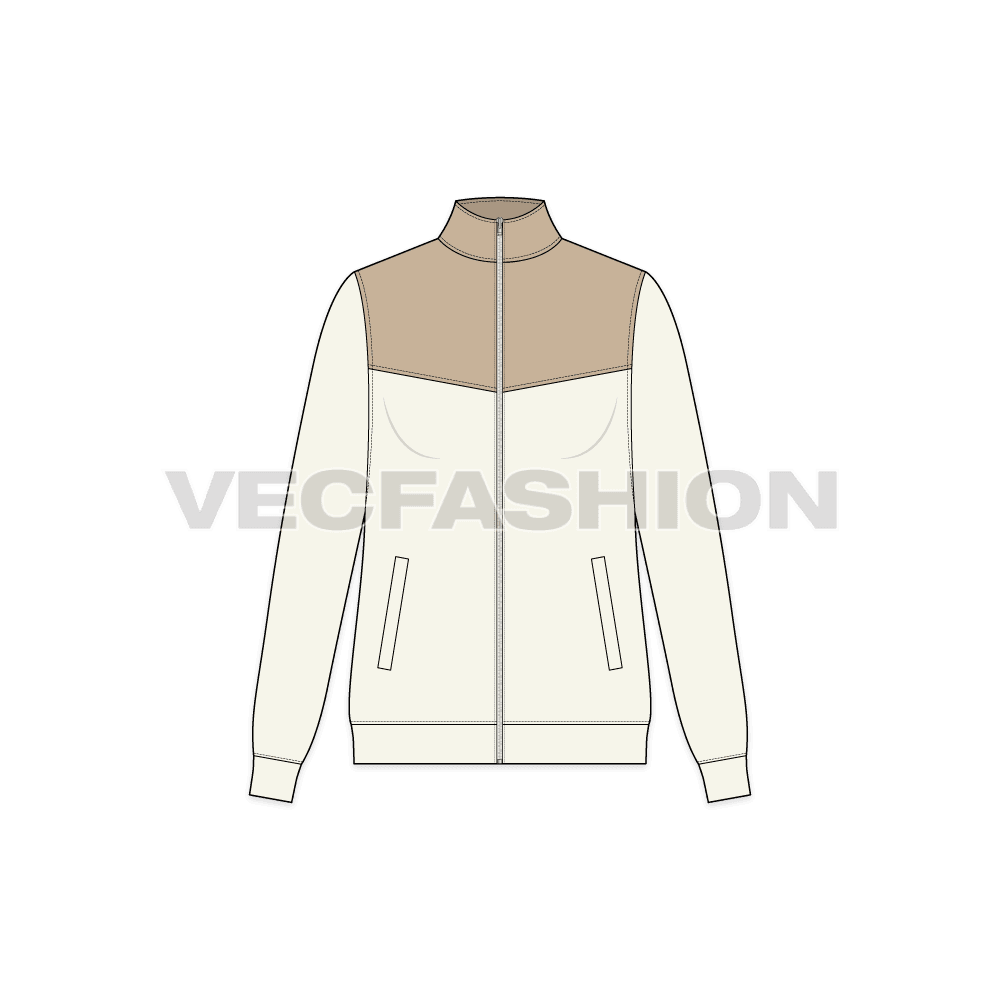 A vector illustrator template of Womens Mock Neck Jacket. It is a very sleek look with slim fit body and collar and front zipper is in contrast colors.