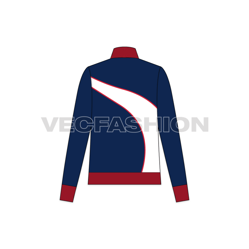 A vector illustrator template of Women's Mock Neck Jacket. It has a wave like panel on front with printing on it. The collar is in contrast red color with thick rib.