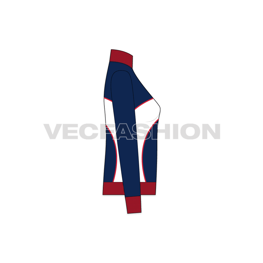 A vector illustrator template of Women's Mock Neck Jacket. It has a wave like panel on front with printing on it. The collar is in contrast red color with thick rib.