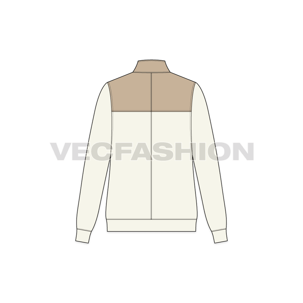 A vector illustrator template of Womens Mock Neck Jacket. It is a very sleek look with slim fit body and collar and front zipper is in contrast colors.