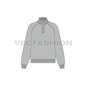 A vector illustrator sketch template of Women's Mock Neck Sweatshirt. It is illustrated with Front, Side and Back view. It has rib on neck, sleeve cuffs and bottom hem.