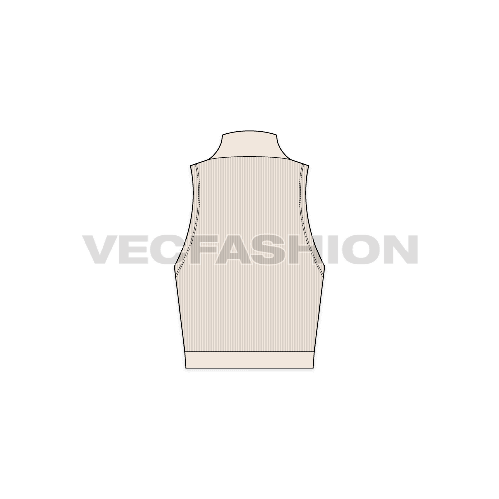 A vector template of Women's Mock Neck Tank. It has a wide collar neck with ribbed fabric body with woven label attached. The neck and bottom hem is made out of self fabric giving a very sleek and different fashion styling.