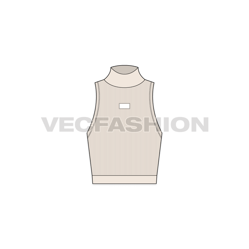 A vector template of Women's Mock Neck Tank. It has a wide collar neck with ribbed fabric body with woven label attached. The neck and bottom hem is made out of self fabric giving a very sleek and different fashion styling.