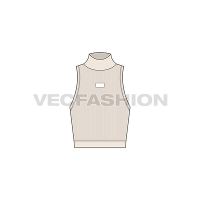A vector template of Women's Mock Neck Tank. It has a wide collar neck with ribbed fabric body with woven label attached. The neck and bottom hem is made out of self fabric giving a very sleek and different fashion styling.