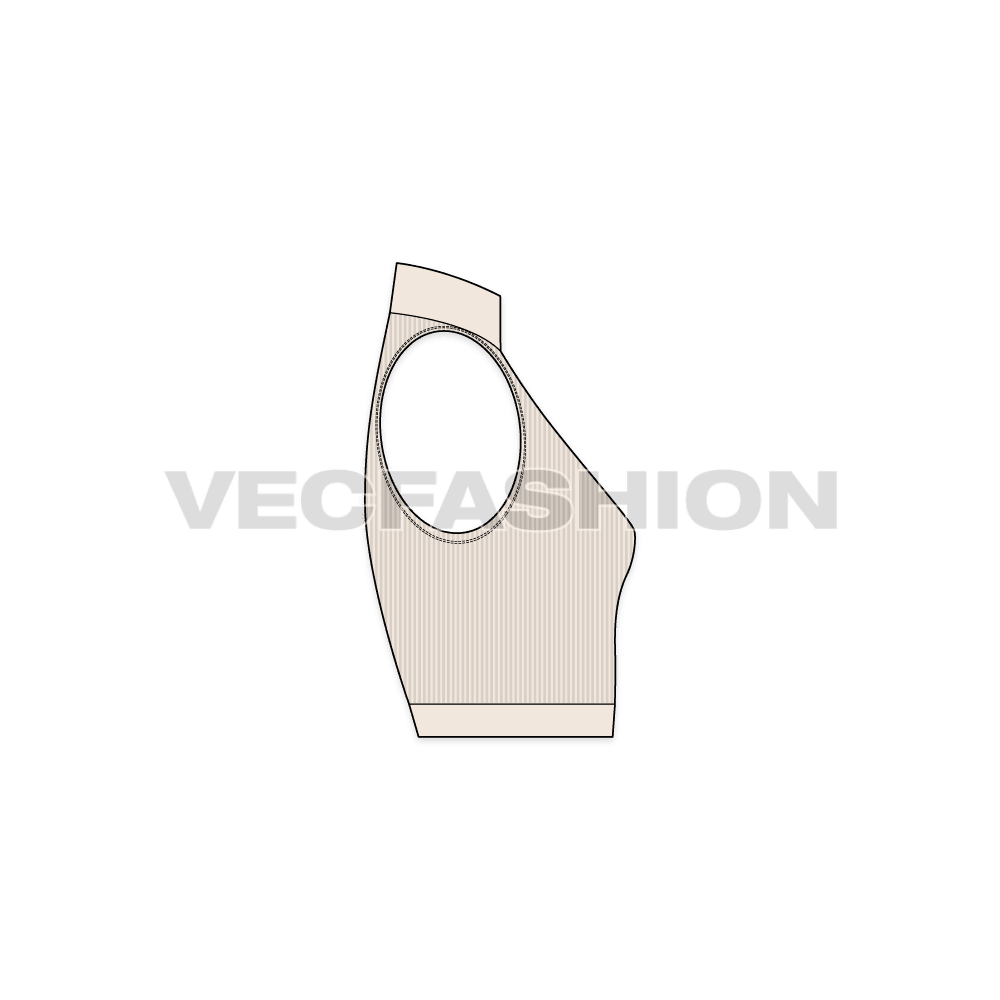 A vector template of Women's Mock Neck Tank. It has a wide collar neck with ribbed fabric body with woven label attached. The neck and bottom hem is made out of self fabric giving a very sleek and different fashion styling.