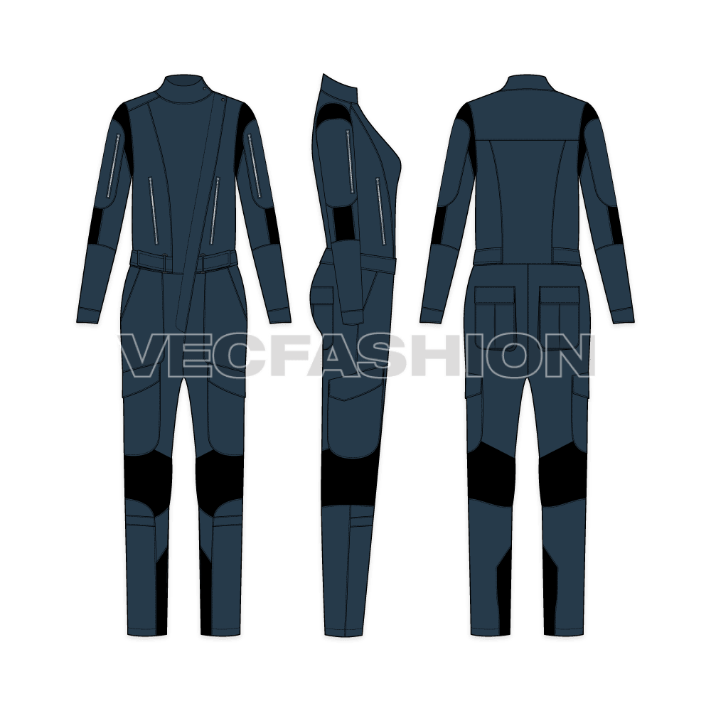 A vector template of Women's Mono Suit. It is a one piece fashion coverall with many design details on it. 