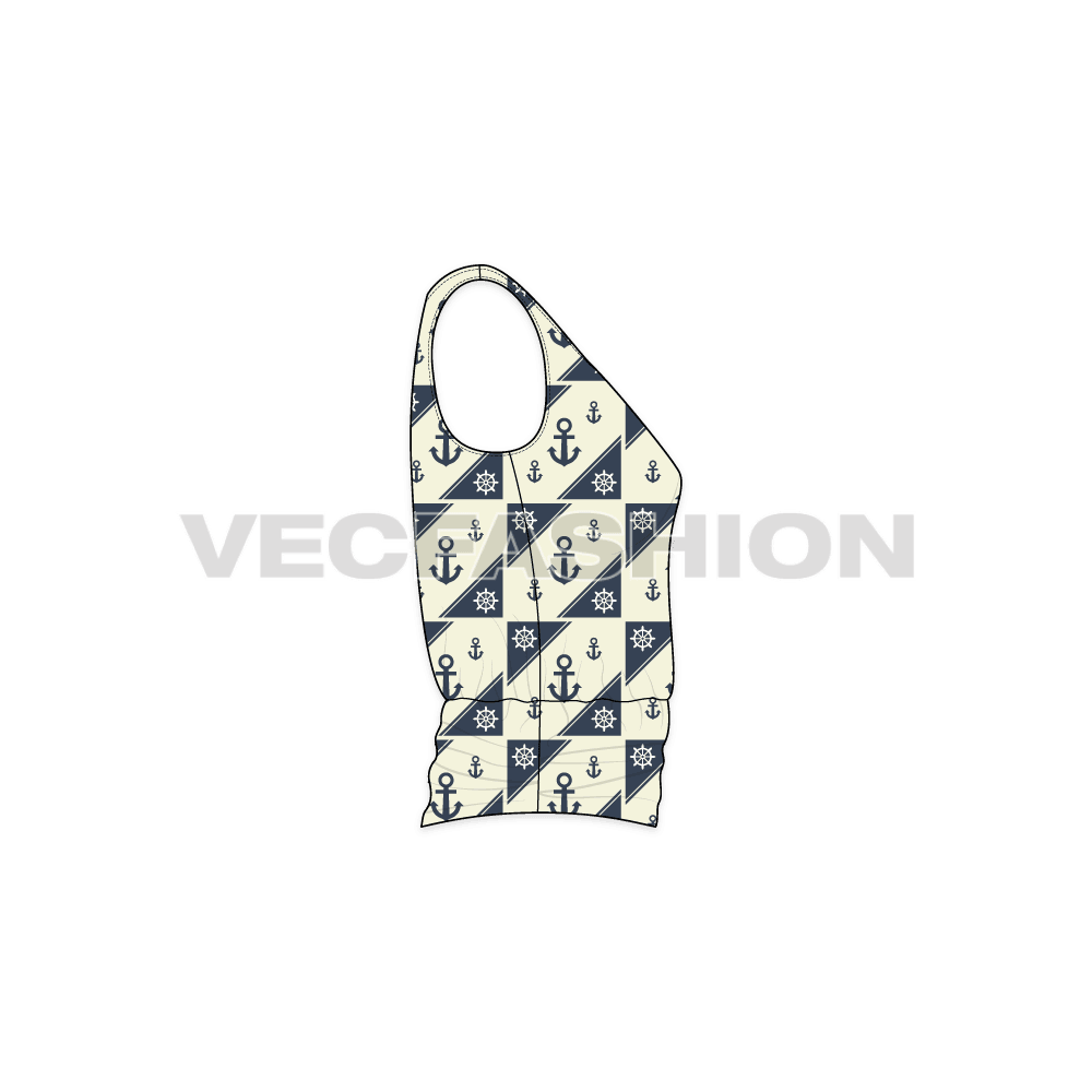 A vector Template for Women's Nautical Blouse with an anchor Seamless Pattern. It has a deep V neckline with gathering details on shoulder and waist.