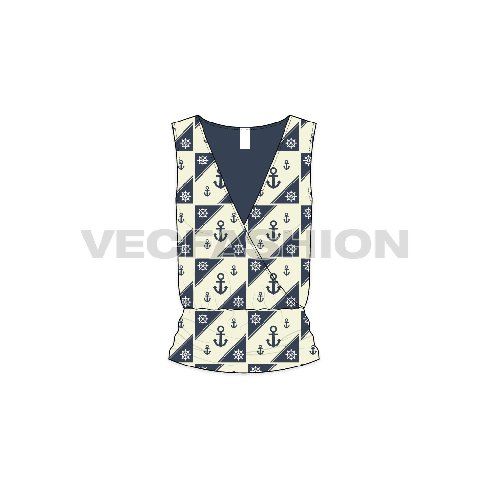 A vector Template for Women's Nautical Blouse with an anchor Seamless Pattern. It has a deep V neckline with gathering details on shoulder and waist.