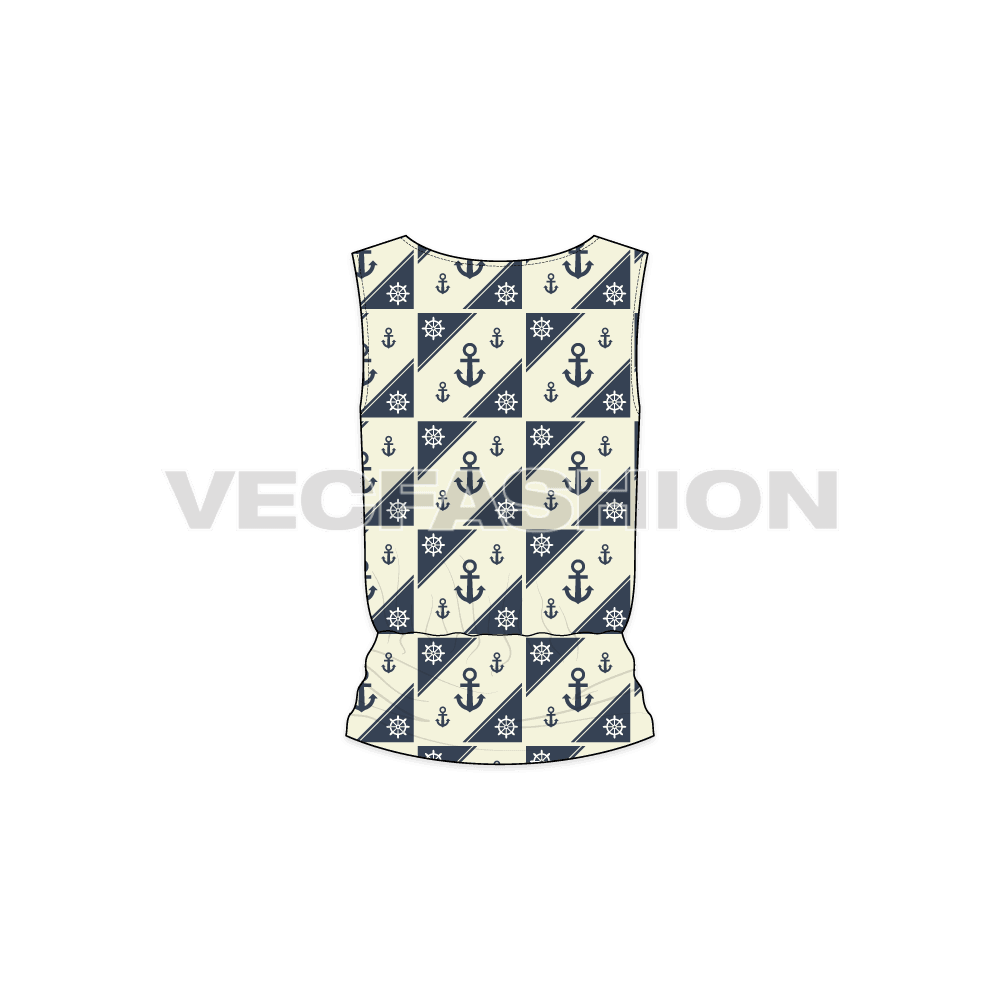 A vector Template for Women's Nautical Blouse with an anchor Seamless Pattern. It has a deep V neckline with gathering details on shoulder and waist.