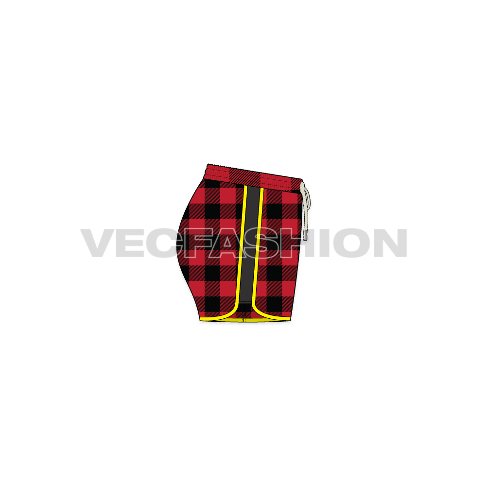 A vector template for Women's New York Shorts. It is rendered with Scottish Tartan and striking yellow trim detailing.