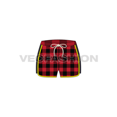 A vector template for Women's New York Shorts. It is rendered with Scottish Tartan and striking yellow trim detailing.