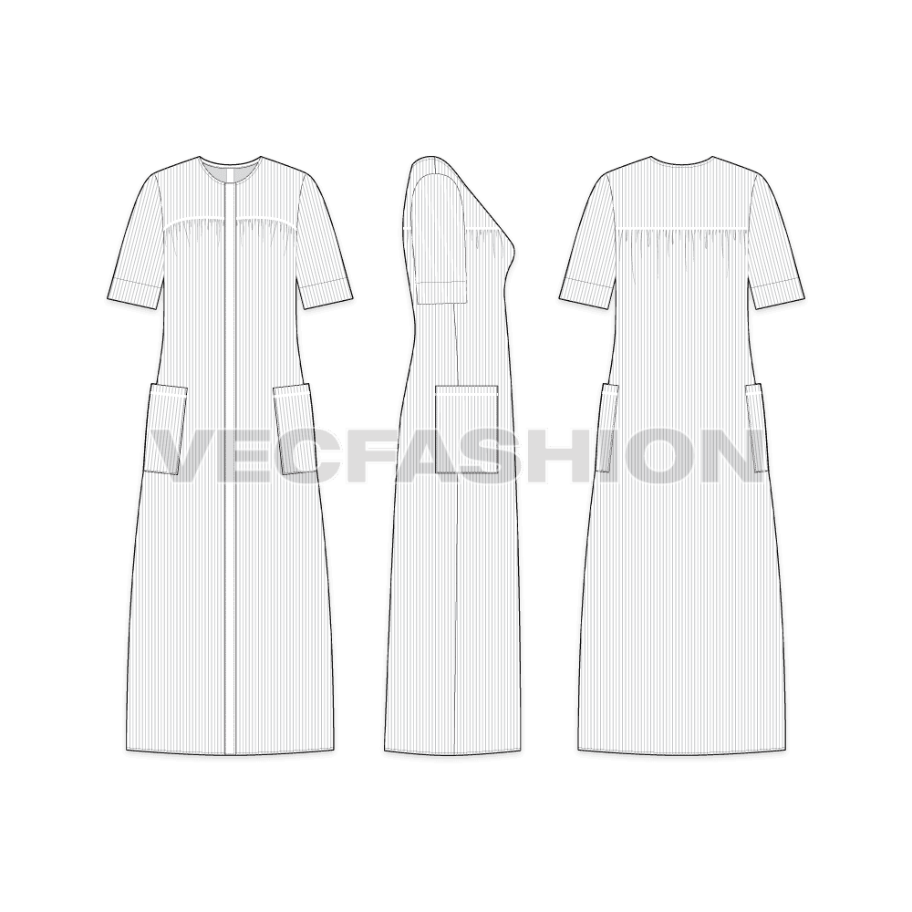 A vector fashion template sketch for Women's Night Robe. It is a full length cape style robe dress. The fabric is rendered with pin stripes and there are short sleeves.