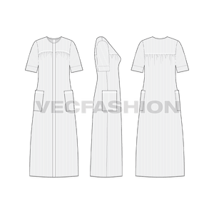 A vector fashion template sketch for Women's Night Robe. It is a full length cape style robe dress. The fabric is rendered with pin stripes and there are short sleeves. 