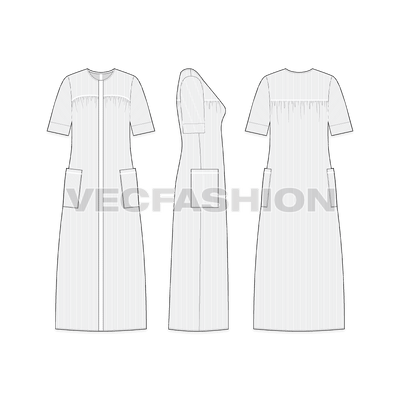 A vector fashion template sketch for Women's Night Robe. It is a full length cape style robe dress. The fabric is rendered with pin stripes and there are short sleeves.