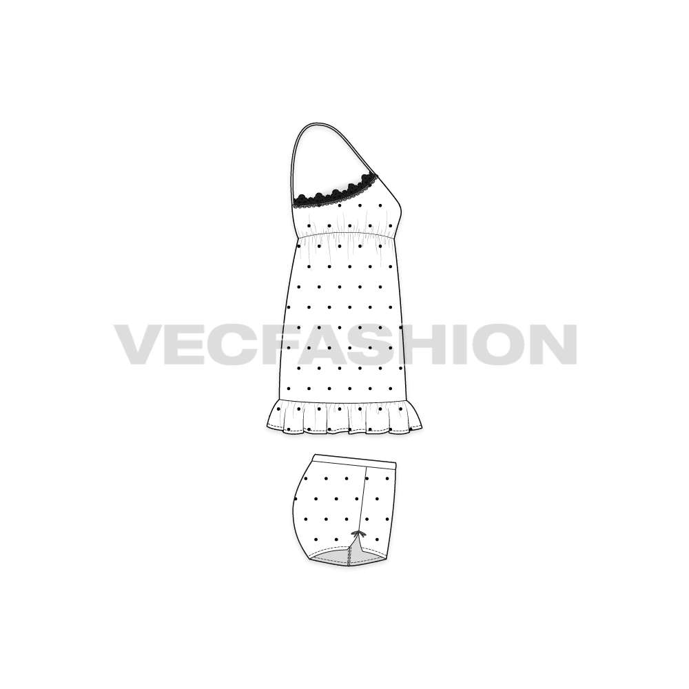 A vector fashion template sketch for Women's Night Suit. A v-shaped neckline with decorative vector lace around the top edge. It is a very cute style with straps on shoulder and the pajama shorts is a short cut with decorative trims on waistband and side slits. 