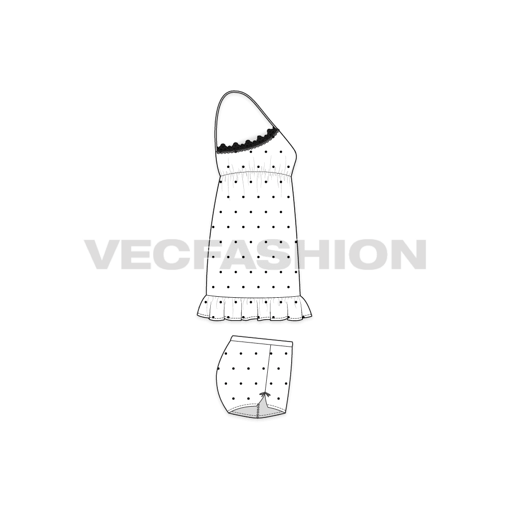 A vector fashion template sketch for Women's Night Suit. A v-shaped neckline with decorative vector lace around the top edge. It is a very cute style with straps on shoulder and the pajama shorts is a short cut with decorative trims on waistband and side slits.
