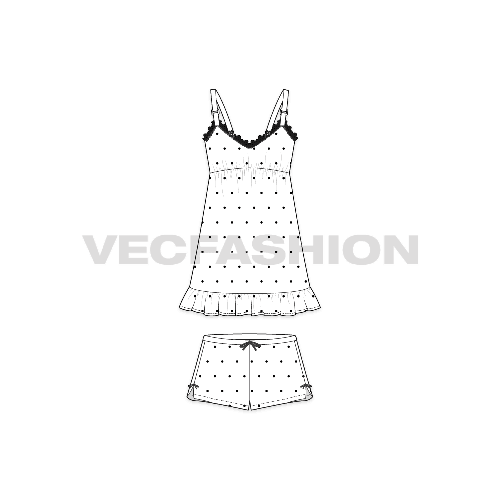 A vector fashion template sketch for Women's Night Suit. A v-shaped neckline with decorative vector lace around the top edge. It is a very cute style with straps on shoulder and the pajama shorts is a short cut with decorative trims on waistband and side slits.