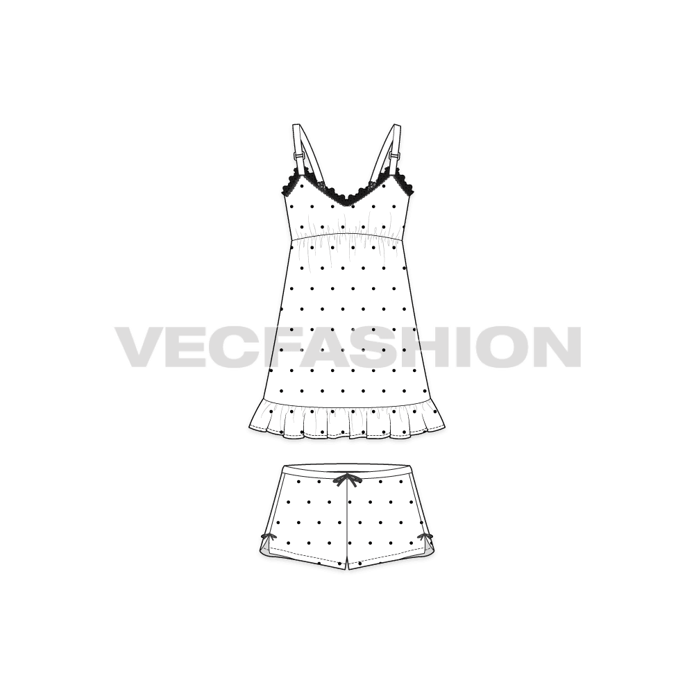 A vector fashion template sketch for Women's Night Suit. A v-shaped neckline with decorative vector lace around the top edge. It is a very cute style with straps on shoulder and the pajama shorts is a short cut with decorative trims on waistband and side slits. 