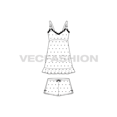 A vector fashion template sketch for Women's Night Suit. A v-shaped neckline with decorative vector lace around the top edge. It is a very cute style with straps on shoulder and the pajama shorts is a short cut with decorative trims on waistband and side slits.