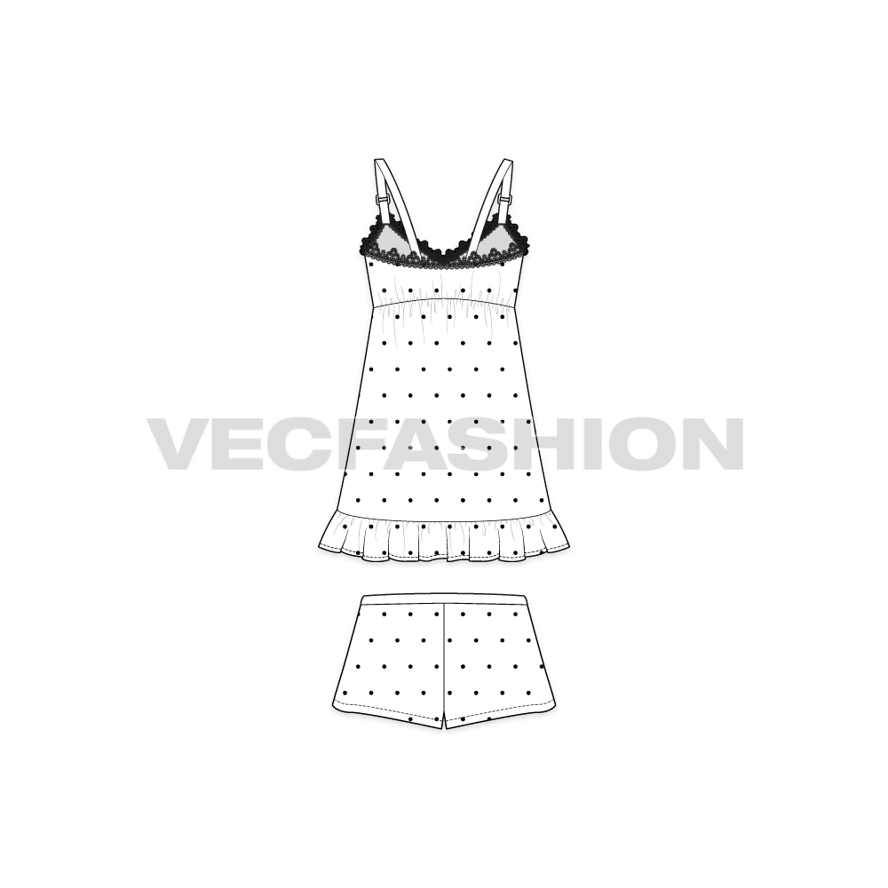 A vector fashion template sketch for Women's Night Suit. A v-shaped neckline with decorative vector lace around the top edge. It is a very cute style with straps on shoulder and the pajama shorts is a short cut with decorative trims on waistband and side slits.