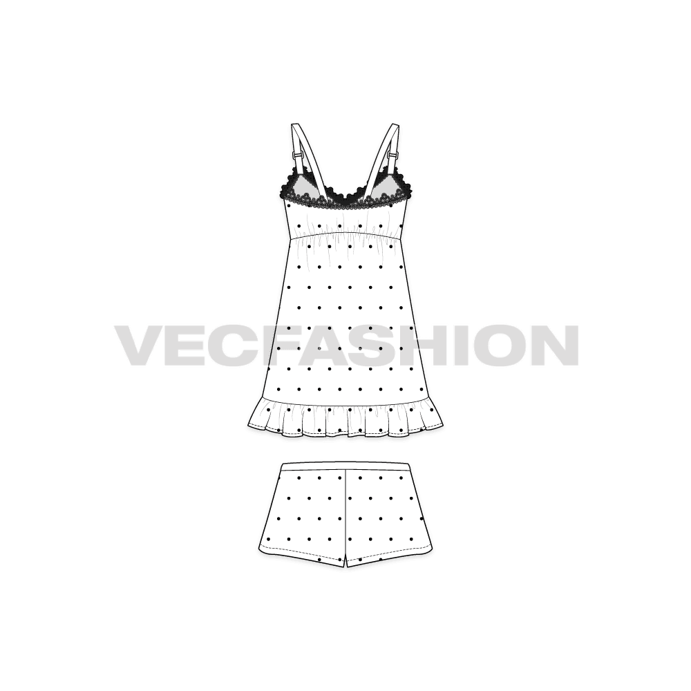 A vector fashion template sketch for Women's Night Suit. A v-shaped neckline with decorative vector lace around the top edge. It is a very cute style with straps on shoulder and the pajama shorts is a short cut with decorative trims on waistband and side slits. 