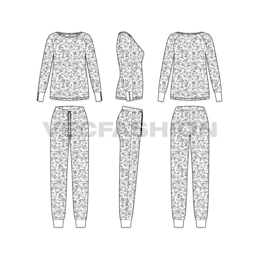 A vector fashion template sketch for Women's Night Suit Pajama Set. It has a raglan sleeves sweatshirt with contrast cuffs. The body have all over seamless print and pajama is a slim fit.