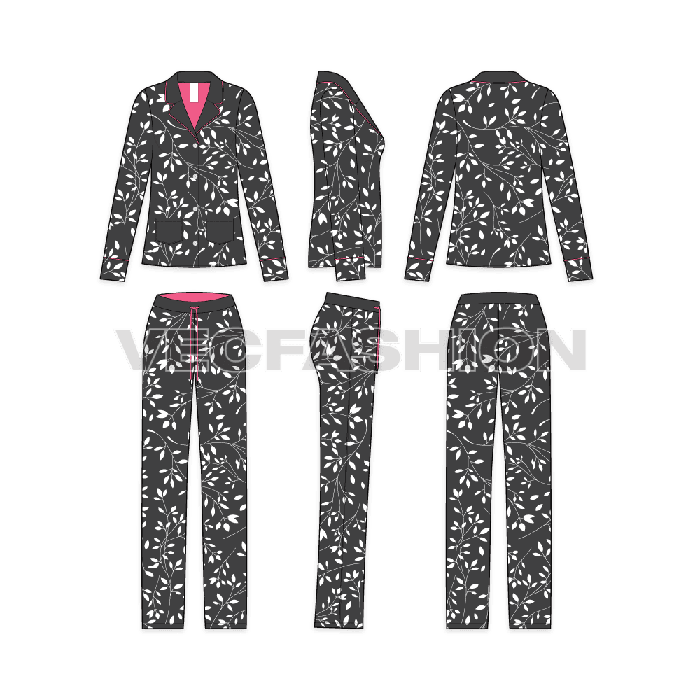 A vector template sketch for Women's Night Suit Pajama Set. It is rendered in a dark gray color with lightweight lining on the inside in contrast color to compliment the accent colors in the suit. The shirt is made in a coat style with notch collar and two pockets on front sides.