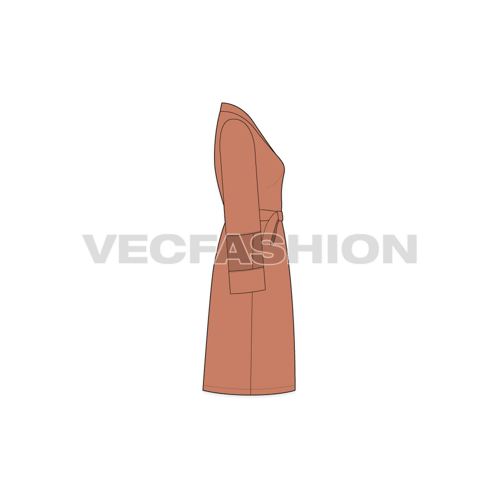 A vector fashion template sketch for Women's Night Suit Robe. It has an overlapping front with a lose belt usually made out of satin silk. The sleeves have a see through organza with running print on it.