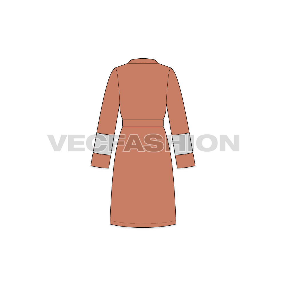 A vector fashion template sketch for Women's Night Suit Robe. It has an overlapping front with a lose belt usually made out of satin silk. The sleeves have a see through organza with running print on it.