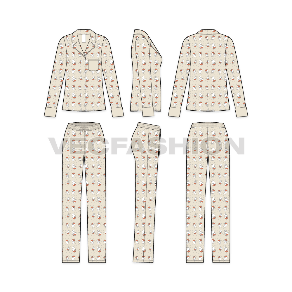 A vector template sketch for Women's Night Suit. It has a straight fit shirt with full length Pajamas. The fabric is all over print and shirt is front open with collar.