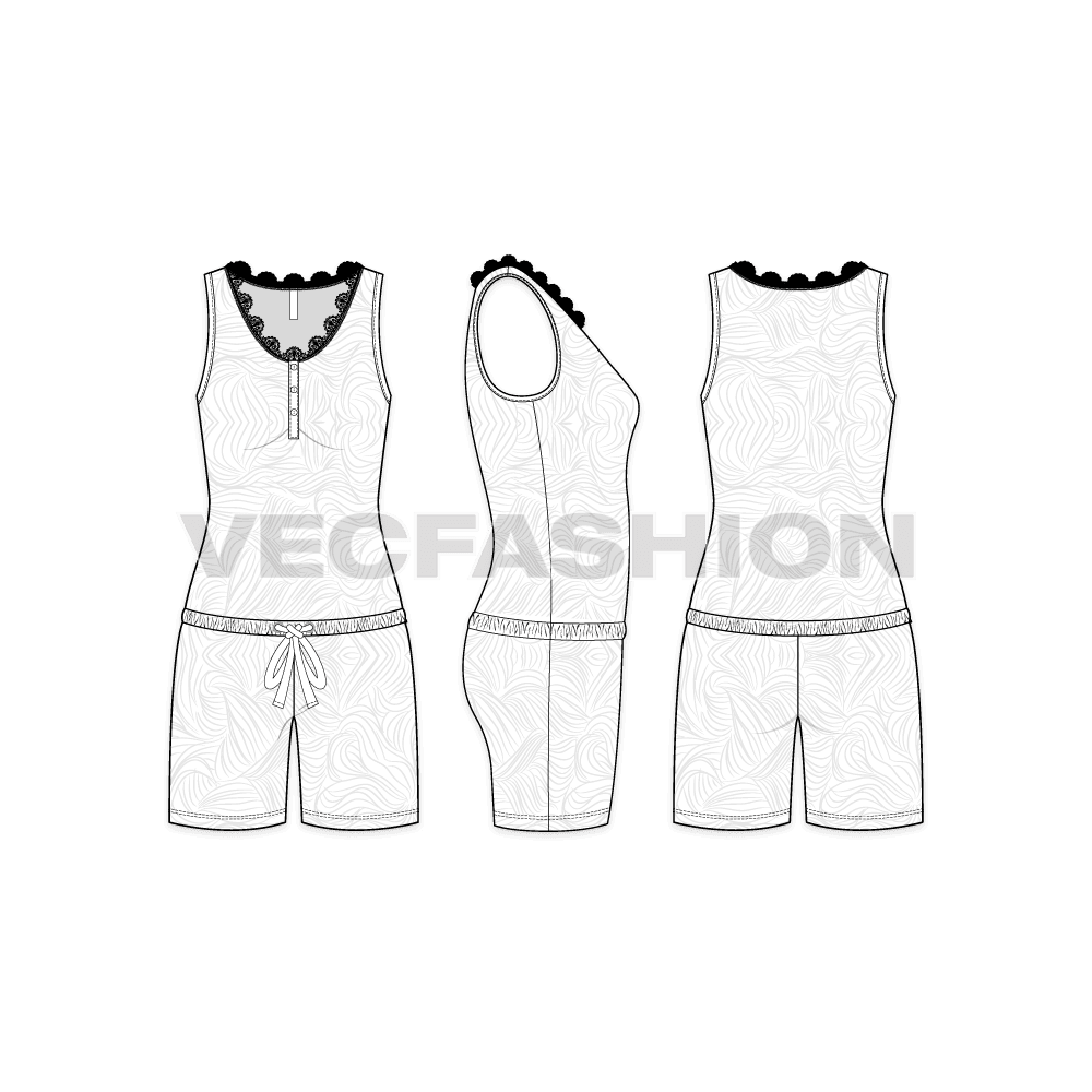 A vector fashion template sketch for Women's Nightwear Bodysuit. It has a curved v shape neckline with lace all around. There is a decorative tie strings around small hip and have all over seamless print. 