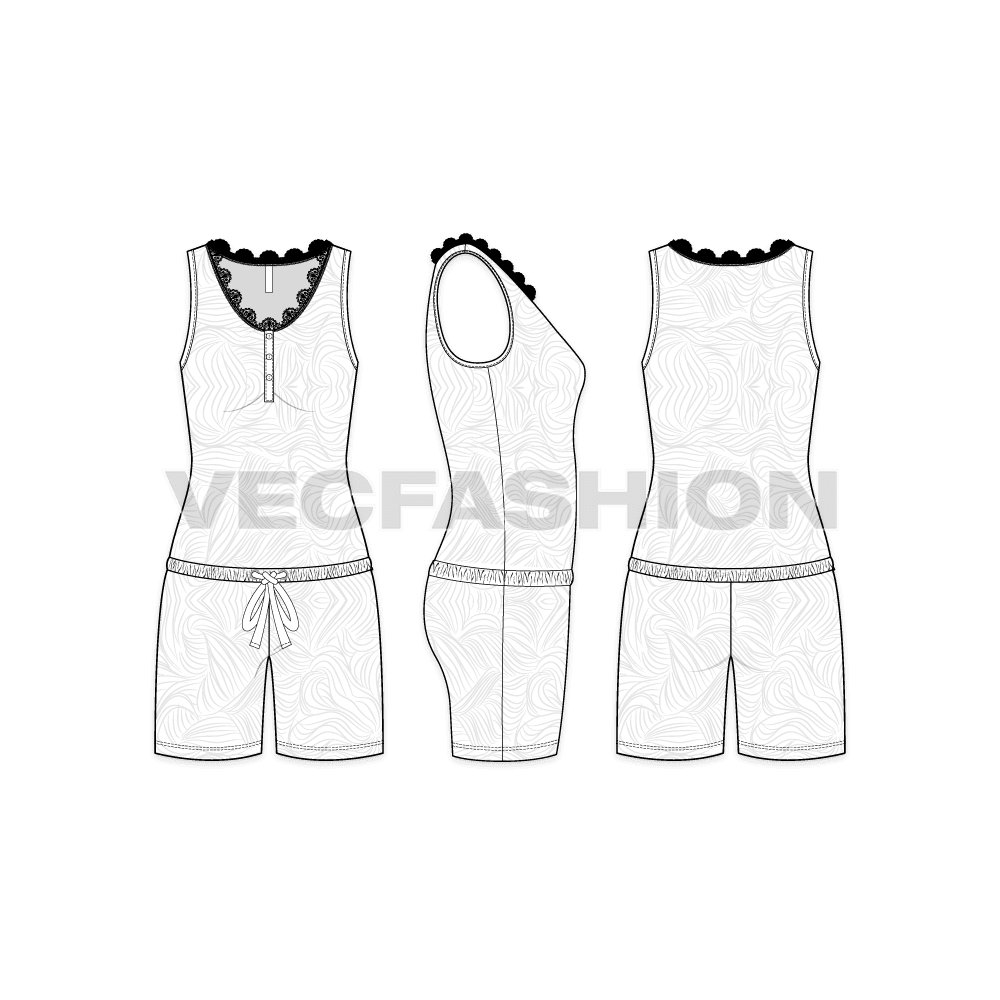 A vector fashion template sketch for Women's Nightwear Bodysuit. It has a curved v shape neckline with lace all around. There is a decorative tie strings around small hip and have all over seamless print.