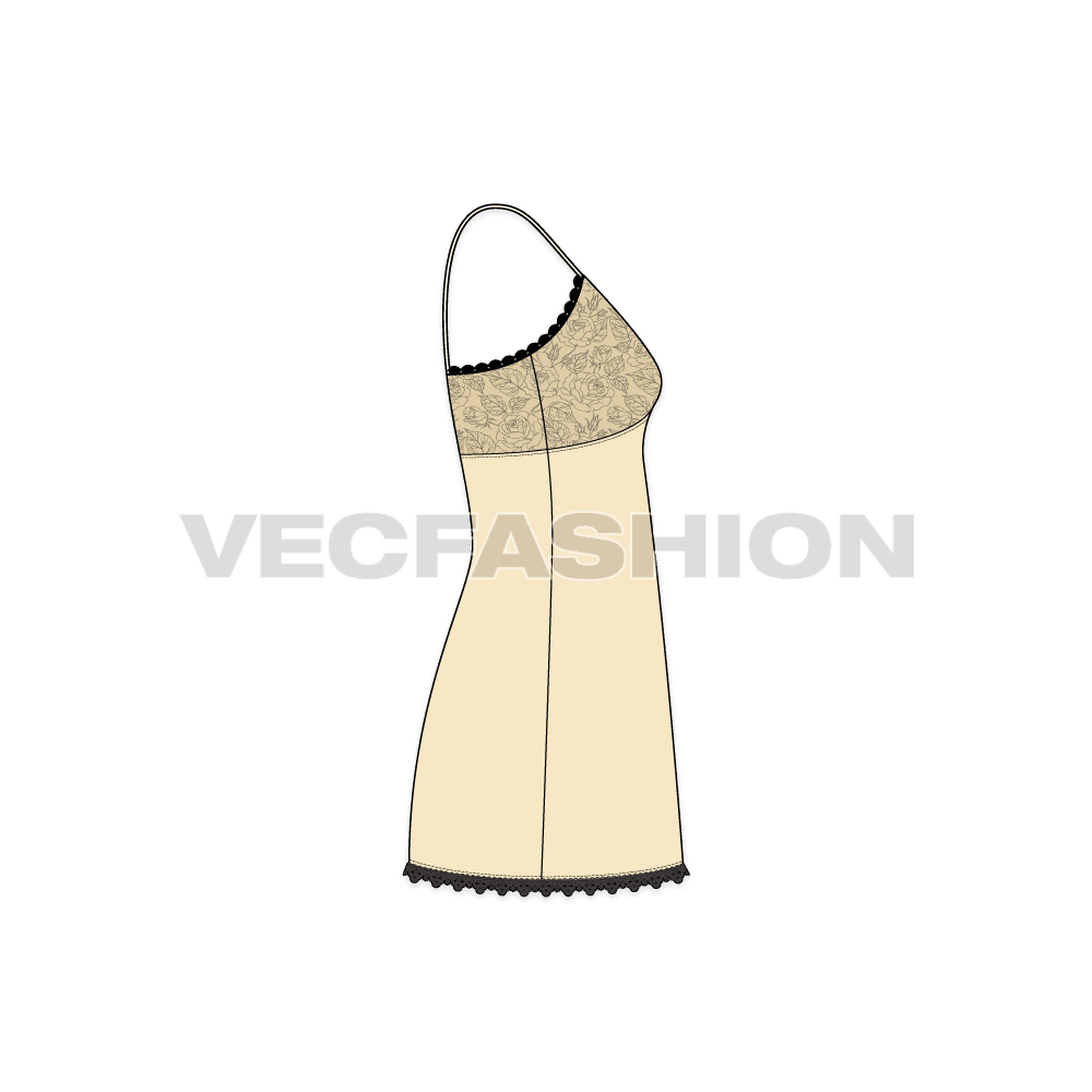 A vector fashion template sketch for Women's Nightwear Dress. The top yoke part is printed and there is lace around the top edge and bottom hem.