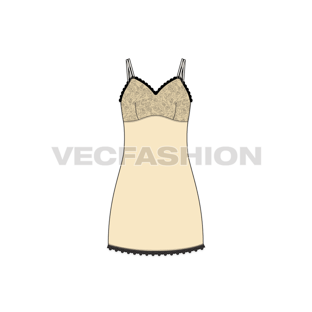 A vector fashion template sketch for Women's Nightwear Dress. The top yoke part is printed and there is lace around the top edge and bottom hem.